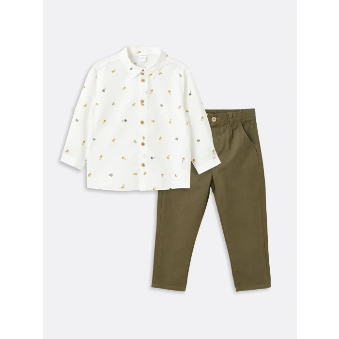 LCW Kids BEYAZ Baskılı Uzun Kollu Erkek Bebek Gömlek ve Pantolon 2li Takım