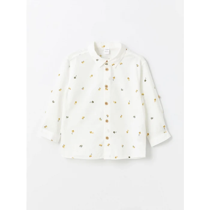 LCW Kids BEYAZ Baskılı Uzun Kollu Erkek Bebek Gömlek ve Pantolon 2li Takım