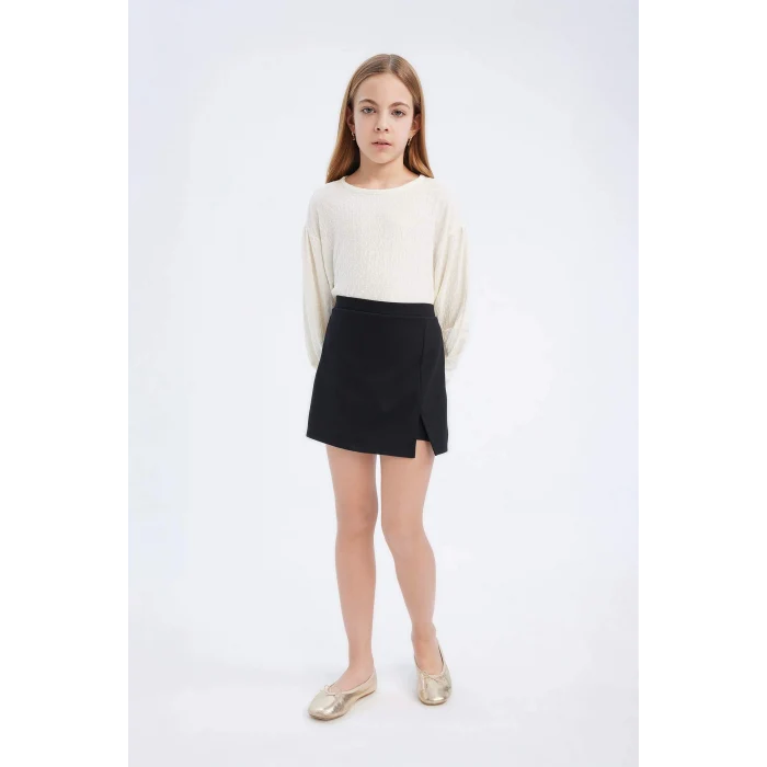 Defacto E0795 Siyah Kız Çocuk 2li Takım Bisiklet Yaka Uzun Kollu Bluz Şort Etek