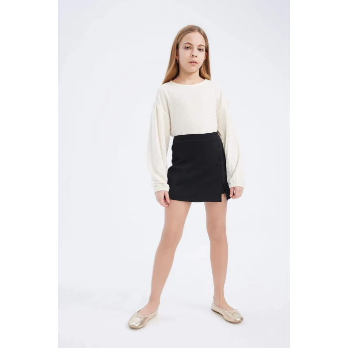 Defacto E0795 Siyah Kız Çocuk 2li Takım Bisiklet Yaka Uzun Kollu Bluz Şort Etek