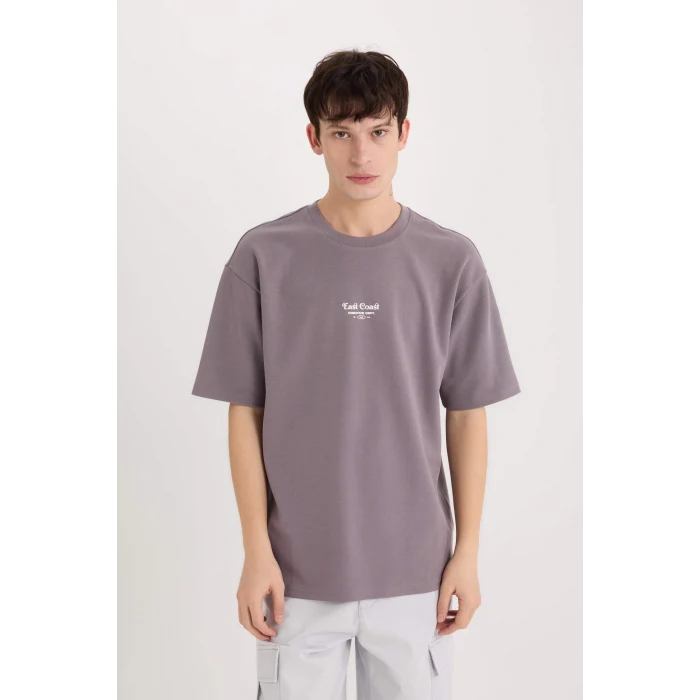 Defacto D5518 Mor Boxy Fit Bisiklet Yaka Baskılı Kısa Kollu Ağır Kumaş Tişört