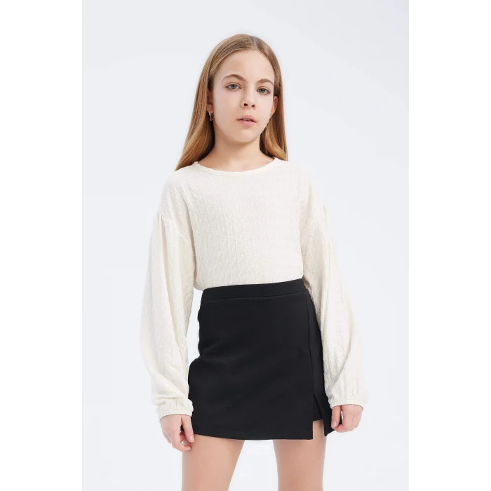 Defacto E0795 Siyah Kız Çocuk 2li Takım Bisiklet Yaka Uzun Kollu Bluz Şort Etek