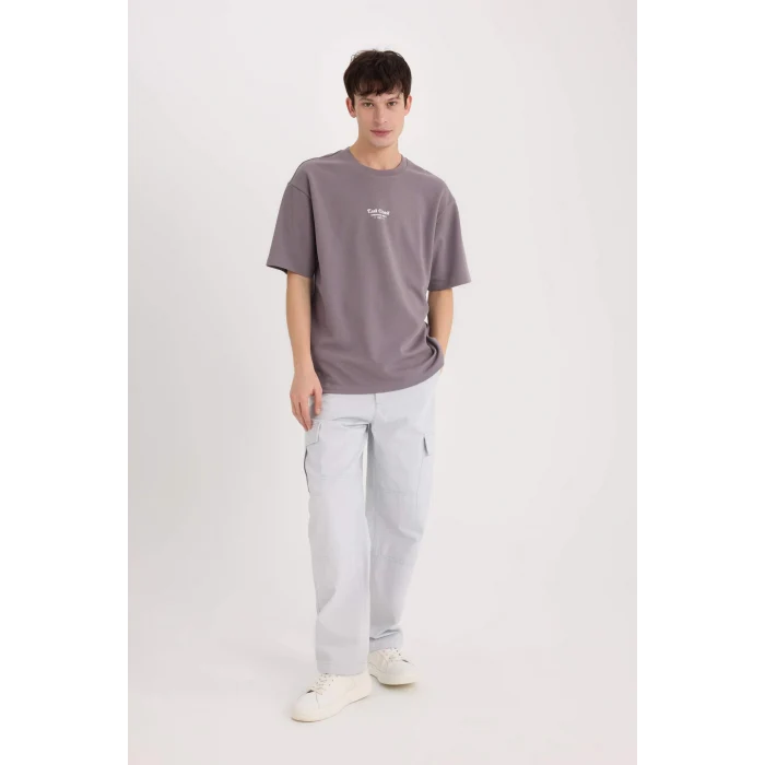 Defacto D5518 Mor Boxy Fit Bisiklet Yaka Baskılı Kısa Kollu Ağır Kumaş Tişört