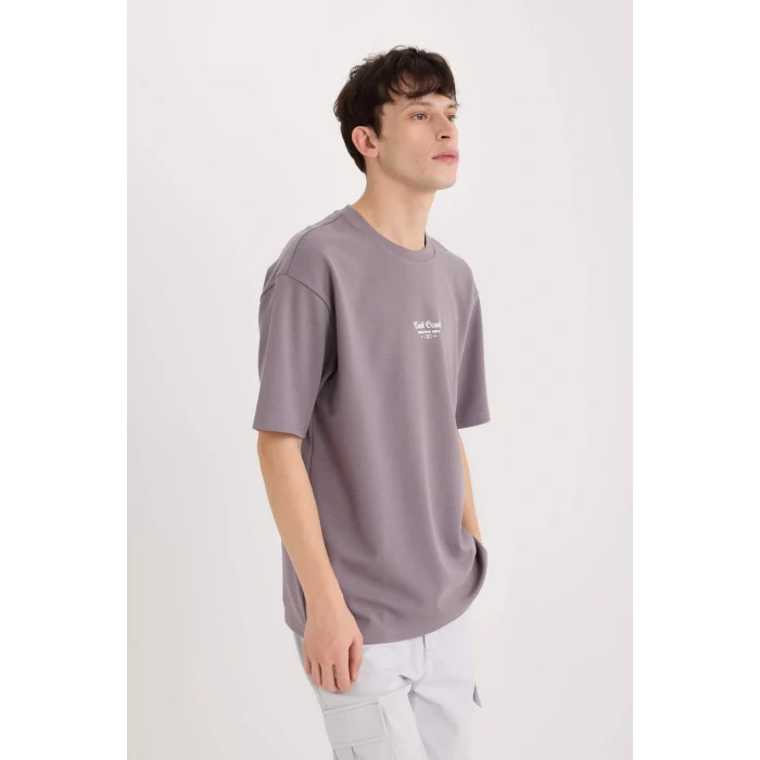 Defacto D5518 Mor Boxy Fit Bisiklet Yaka Baskılı Kısa Kollu Ağır Kumaş Tişört