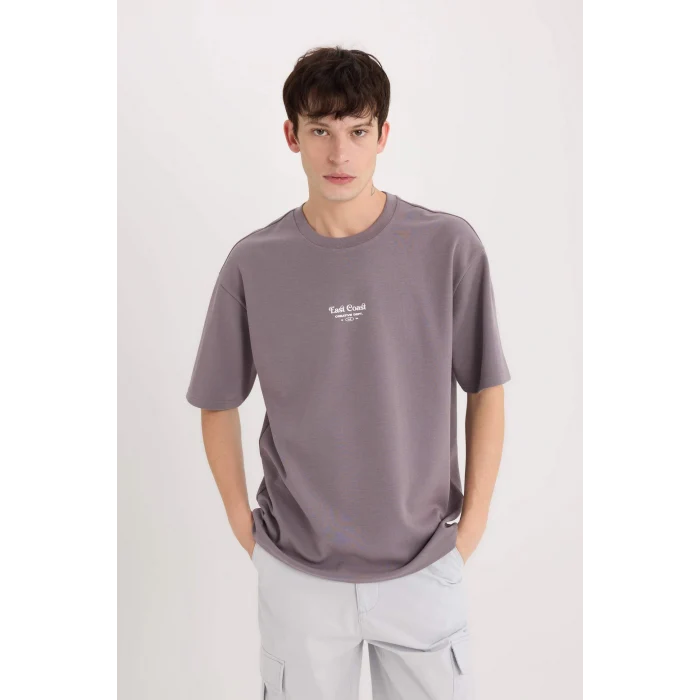 Defacto D5518 Mor Boxy Fit Bisiklet Yaka Baskılı Kısa Kollu Ağır Kumaş Tişört
