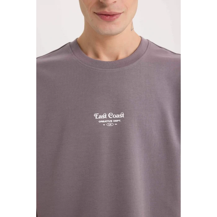 Defacto D5518 Mor Boxy Fit Bisiklet Yaka Baskılı Kısa Kollu Ağır Kumaş Tişört