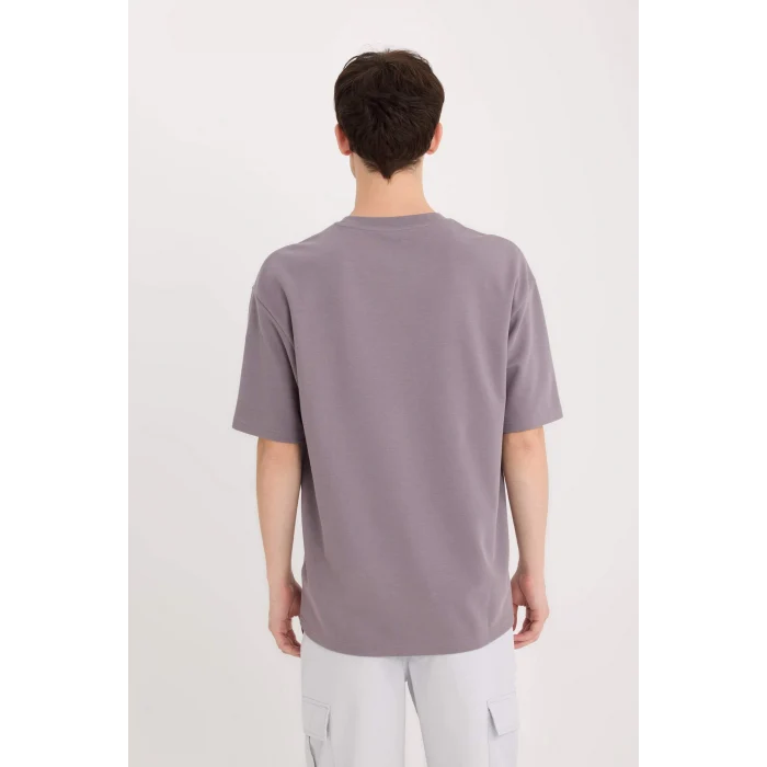 Defacto D5518 Mor Boxy Fit Bisiklet Yaka Baskılı Kısa Kollu Ağır Kumaş Tişört