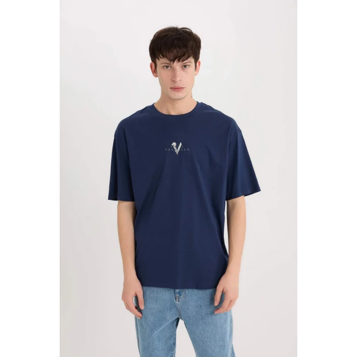 Defacto E0331 Lacivert Vikings Valhalla Boxy Fit Bisiklet Yaka Sırt Baskılı Kısa Kollu Tişört