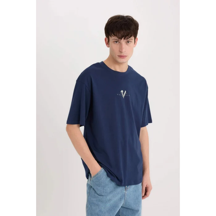 Defacto E0331 Lacivert Vikings Valhalla Boxy Fit Bisiklet Yaka Sırt Baskılı Kısa Kollu Tişört