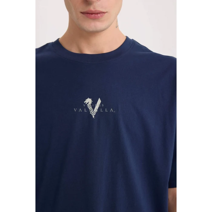 Defacto E0331 Lacivert Vikings Valhalla Boxy Fit Bisiklet Yaka Sırt Baskılı Kısa Kollu Tişört