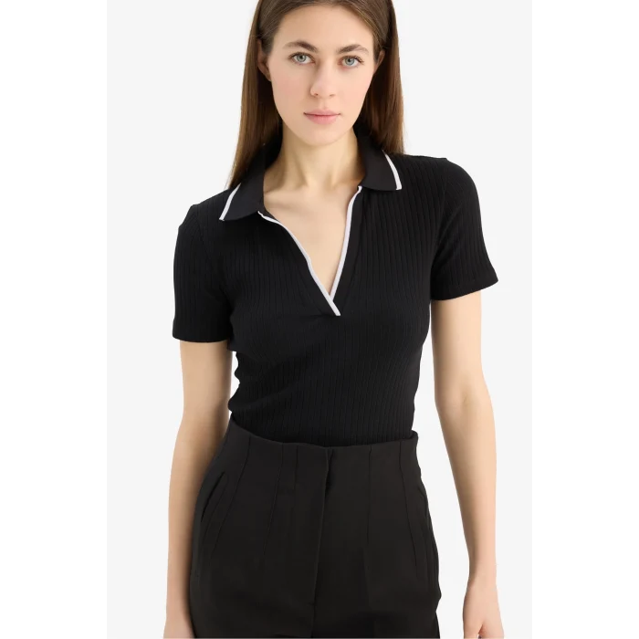 Defacto E5786 Siyah Slim Fit Dar Kesim Fitilli Kaşkorse Kısa Kollu Polo Tişört