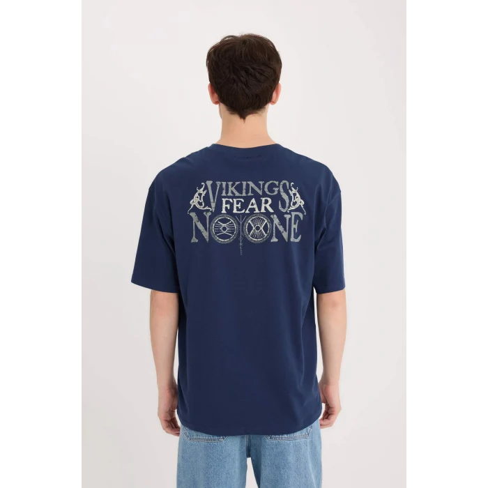 Defacto E0331 Lacivert Vikings Valhalla Boxy Fit Bisiklet Yaka Sırt Baskılı Kısa Kollu Tişört