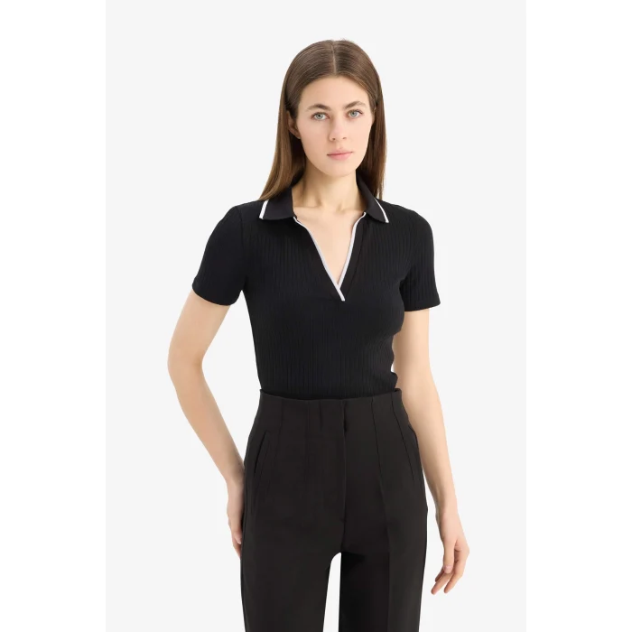 Defacto E5786 Siyah Slim Fit Dar Kesim Fitilli Kaşkorse Kısa Kollu Polo Tişört