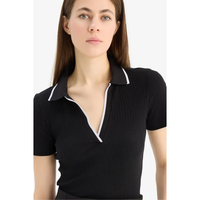 Defacto E5786 Siyah Slim Fit Dar Kesim Fitilli Kaşkorse Kısa Kollu Polo Tişört