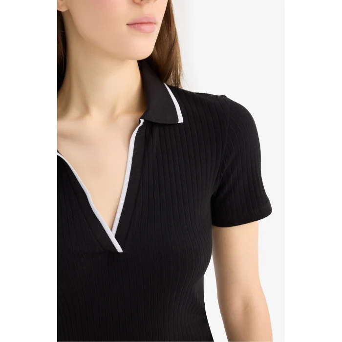 Defacto E5786 Siyah Slim Fit Dar Kesim Fitilli Kaşkorse Kısa Kollu Polo Tişört