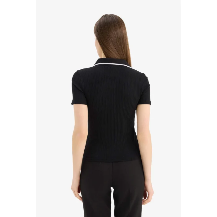 Defacto E5786 Siyah Slim Fit Dar Kesim Fitilli Kaşkorse Kısa Kollu Polo Tişört