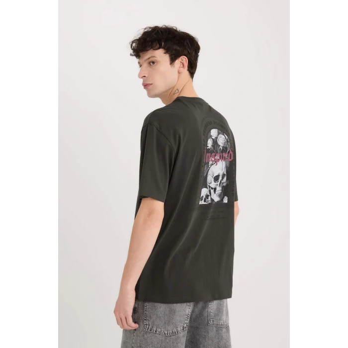 Defacto D5601 Antrasit Boxy Fit Bisiklet Yaka Sırt Baskılı Kısa Kollu Tişört