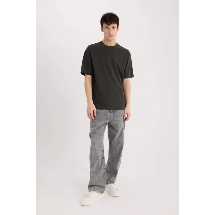 Defacto D5601 Antrasit Boxy Fit Bisiklet Yaka Sırt Baskılı Kısa Kollu Tişört