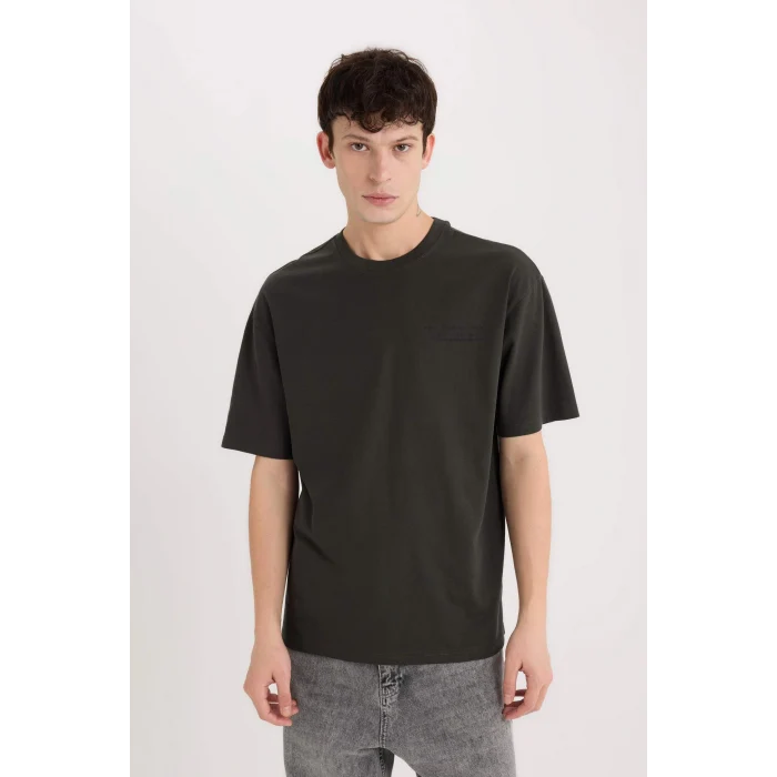 Defacto D5601 Antrasit Boxy Fit Bisiklet Yaka Sırt Baskılı Kısa Kollu Tişört