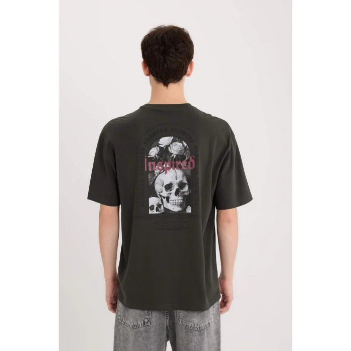 Defacto D5601 Antrasit Boxy Fit Bisiklet Yaka Sırt Baskılı Kısa Kollu Tişört