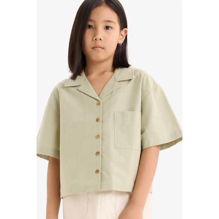 Defacto D7638 Yeşil Kız Çocuk Crop Keten Kısa Kollu Gömlek