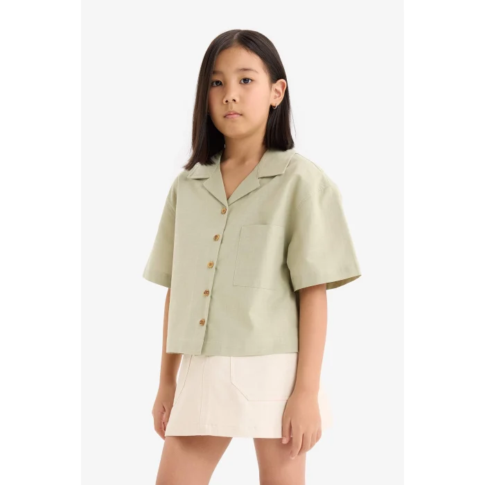 Defacto D7638 Yeşil Kız Çocuk Crop Keten Kısa Kollu Gömlek