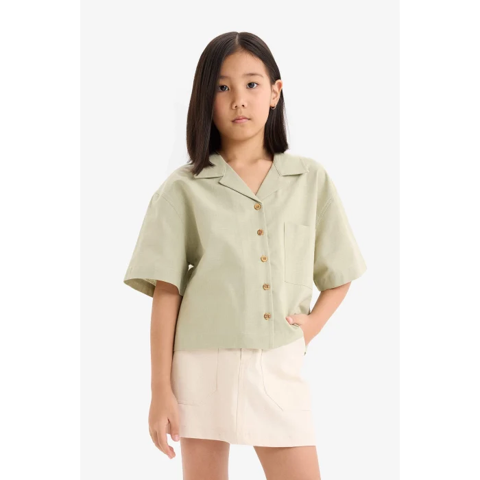 Defacto D7638 Yeşil Kız Çocuk Crop Keten Kısa Kollu Gömlek
