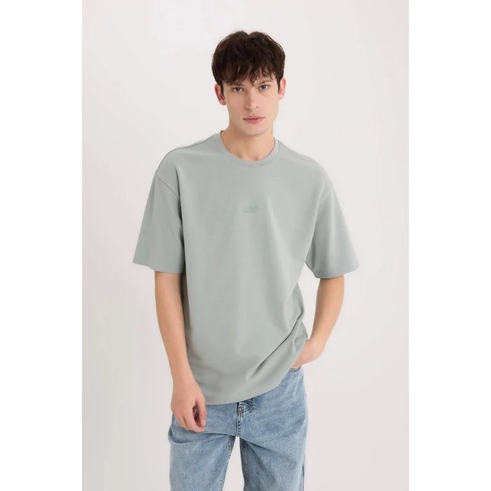Defacto D5508 Gri Boxy Fit Bisiklet Yaka Baskılı Kısa Kollu Ağır Kumaş Tişört