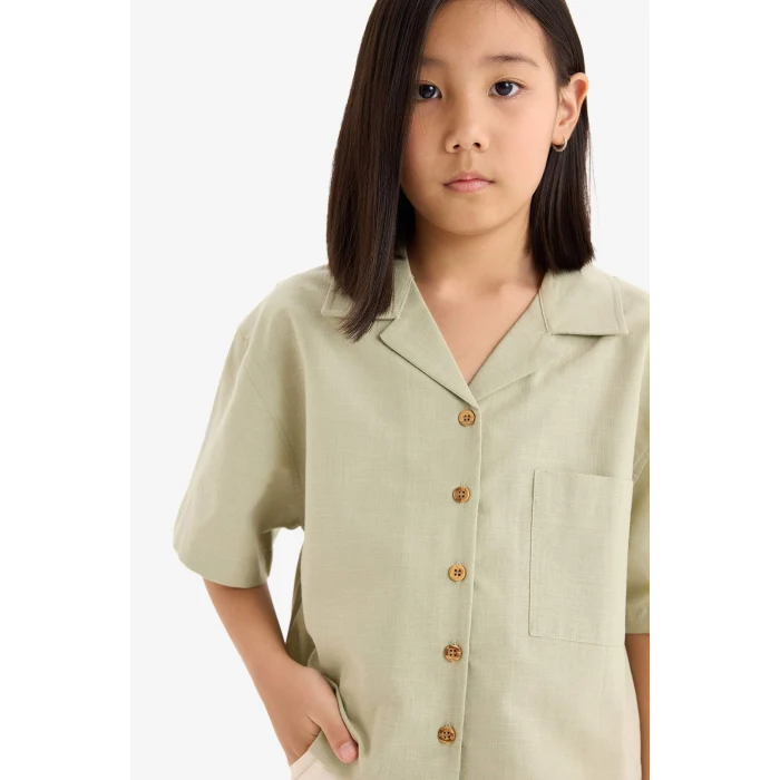 Defacto D7638 Yeşil Kız Çocuk Crop Keten Kısa Kollu Gömlek