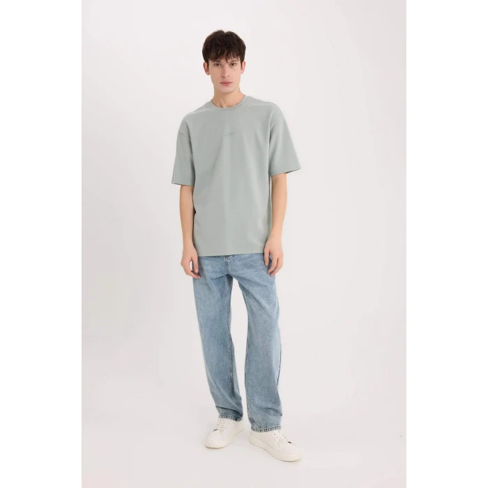Defacto D5508 Gri Boxy Fit Bisiklet Yaka Baskılı Kısa Kollu Ağır Kumaş Tişört