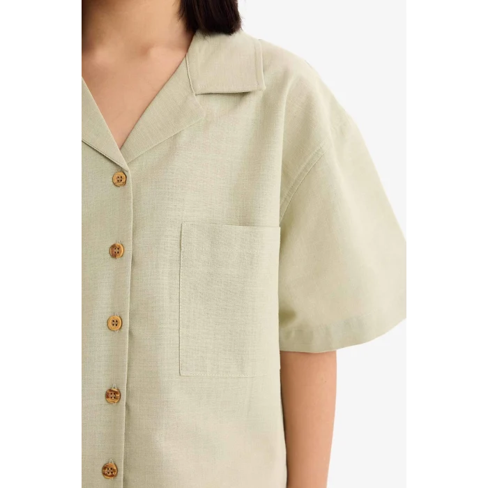 Defacto D7638 Yeşil Kız Çocuk Crop Keten Kısa Kollu Gömlek