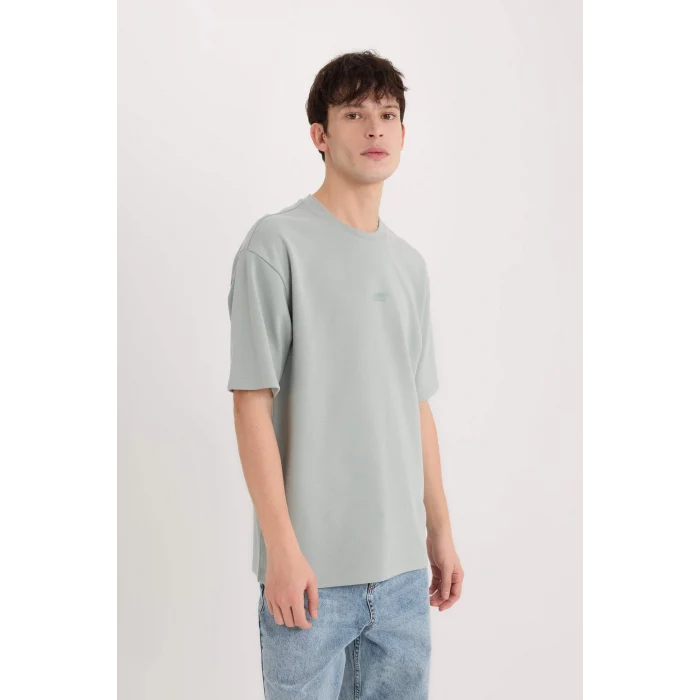 Defacto D5508 Gri Boxy Fit Bisiklet Yaka Baskılı Kısa Kollu Ağır Kumaş Tişört