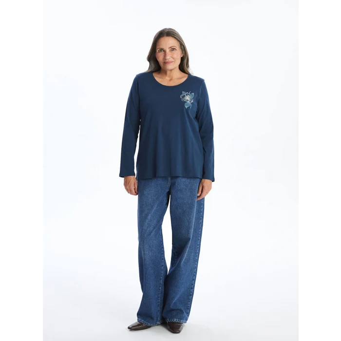 LCW Grace İNDİGO Bisiklet Yaka Nakışlı Kadın Bluz