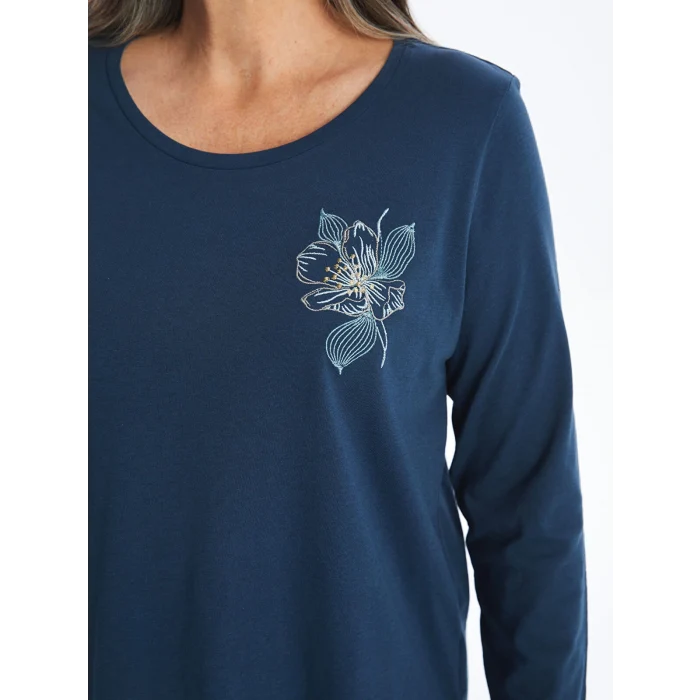 LCW Grace İNDİGO Bisiklet Yaka Nakışlı Kadın Bluz