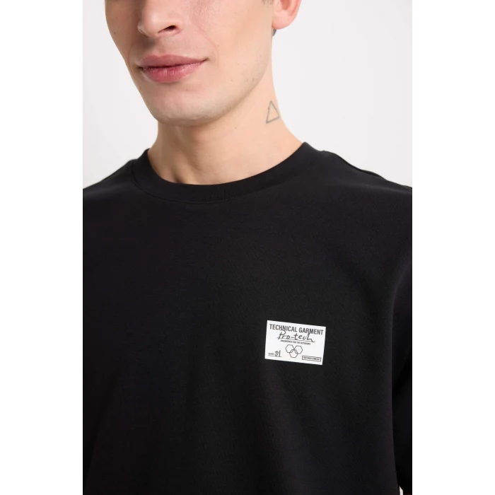 Defacto D5516 Siyah Regular Fit Bisiklet Yaka Baskılı Kısa Kollu Ağır Kumaş Tişört