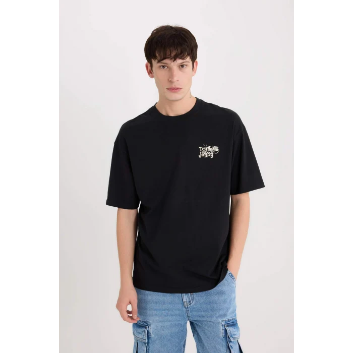 Defacto D6790 Siyah Tom & Jerry Boxy Fit Bisiklet Yaka Sırt Baskılı Kısa Kollu Tişört