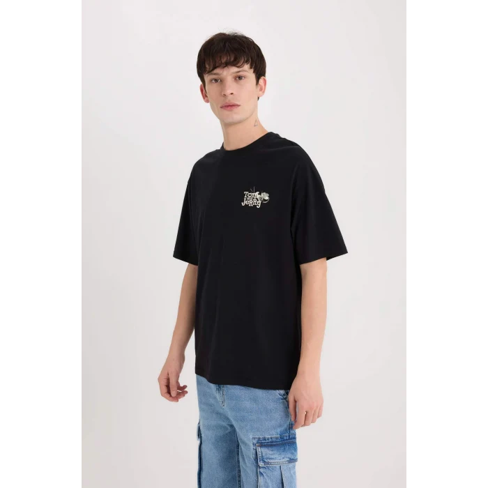 Defacto D6790 Siyah Tom & Jerry Boxy Fit Bisiklet Yaka Sırt Baskılı Kısa Kollu Tişört