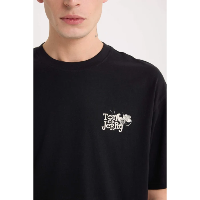 Defacto D6790 Siyah Tom & Jerry Boxy Fit Bisiklet Yaka Sırt Baskılı Kısa Kollu Tişört