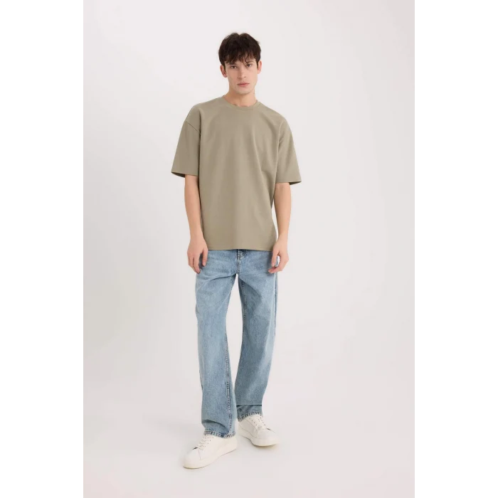 Defacto X3926 Haki Oversize Geniş Kalıp Bisiklet Yaka Kısa Kollu Ağır Kumaş Tişört