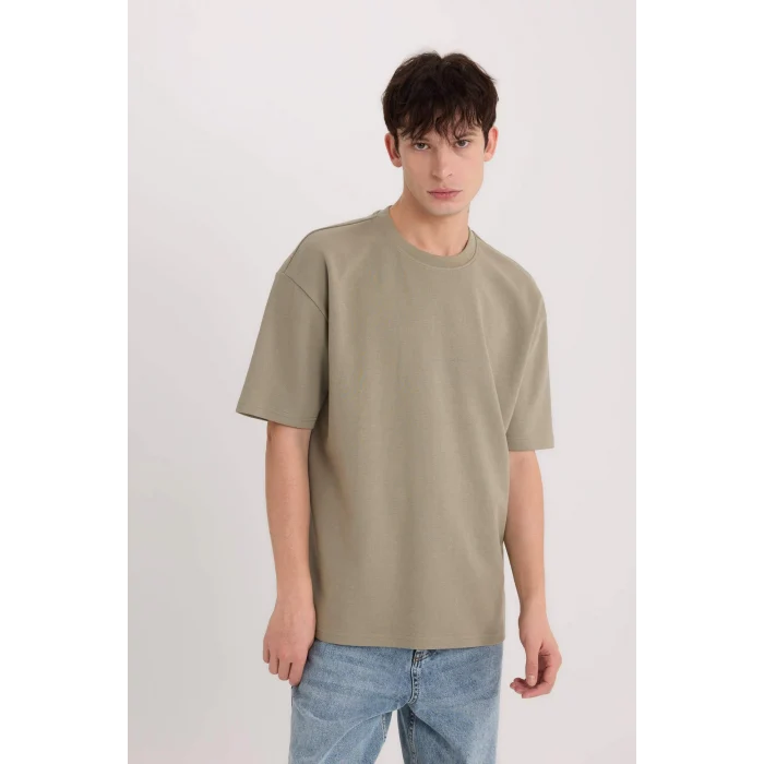 Defacto X3926 Haki Oversize Geniş Kalıp Bisiklet Yaka Kısa Kollu Ağır Kumaş Tişört
