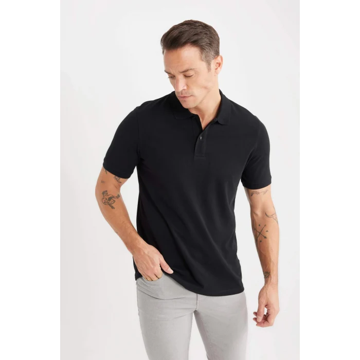 Defacto C1293 Siyah Regular Fit Basic Düz Kısa Kollu Pike Polo Tişört