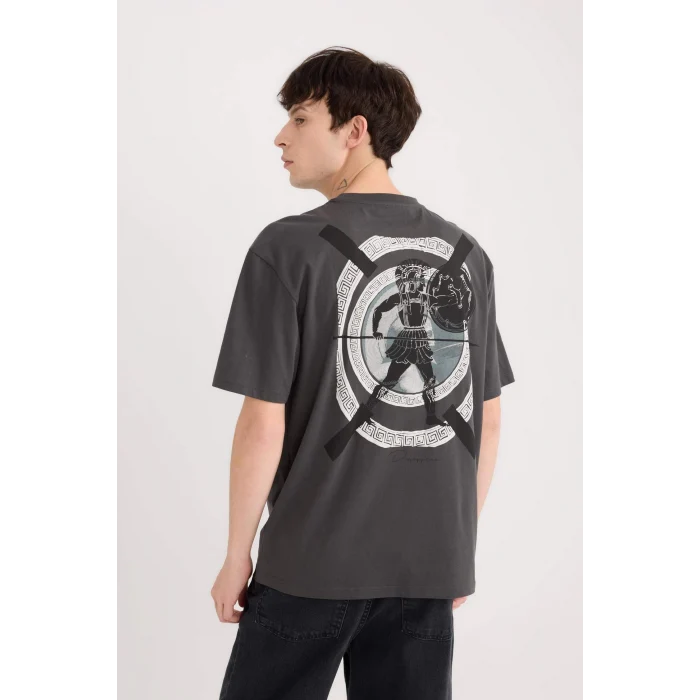 Defacto E1485 Antrasit Boxy Fit Bisiklet Yaka Sırt Baskılı Kısa Kollu Tişört