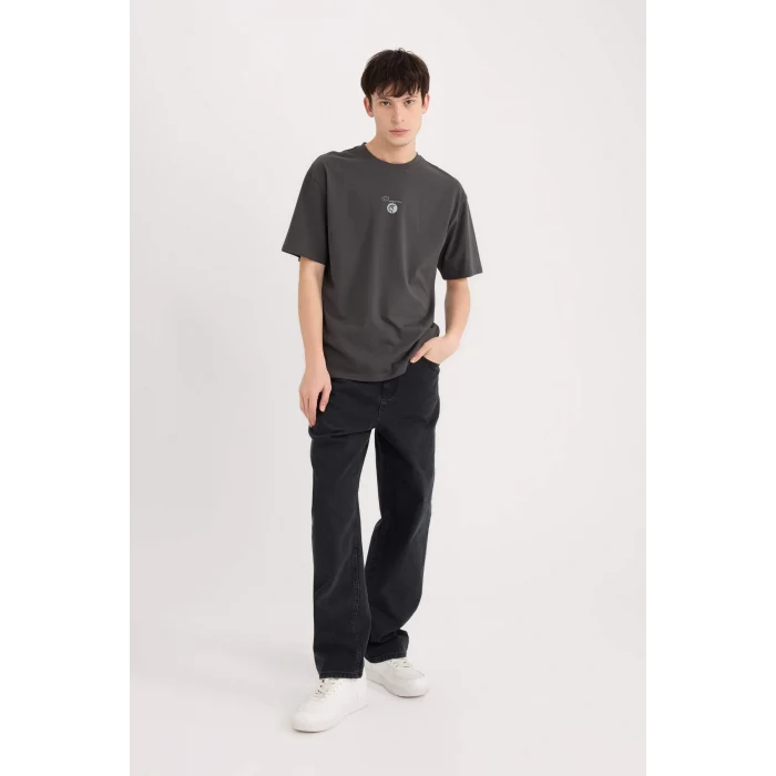 Defacto E1485 Antrasit Boxy Fit Bisiklet Yaka Sırt Baskılı Kısa Kollu Tişört