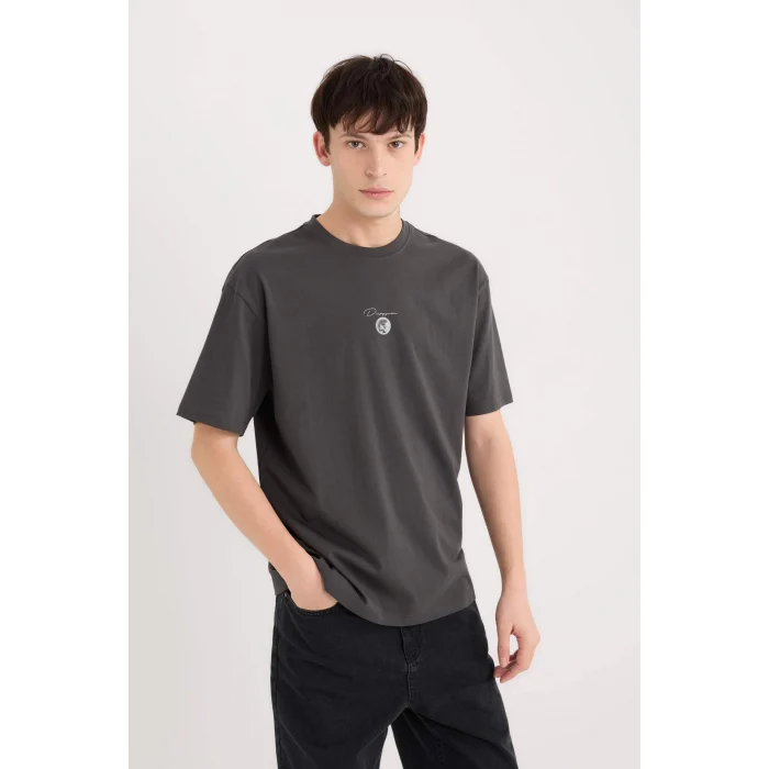 Defacto E1485 Antrasit Boxy Fit Bisiklet Yaka Sırt Baskılı Kısa Kollu Tişört