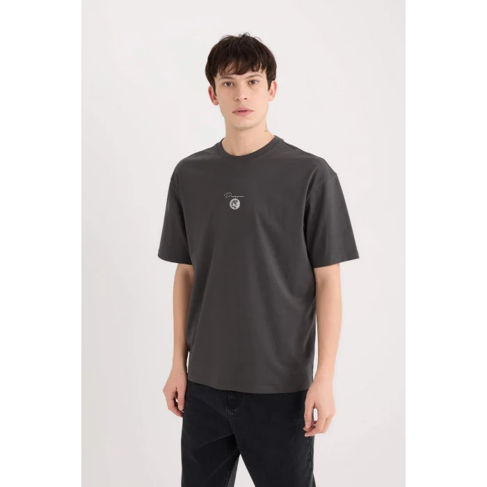 Defacto E1485 Antrasit Boxy Fit Bisiklet Yaka Sırt Baskılı Kısa Kollu Tişört