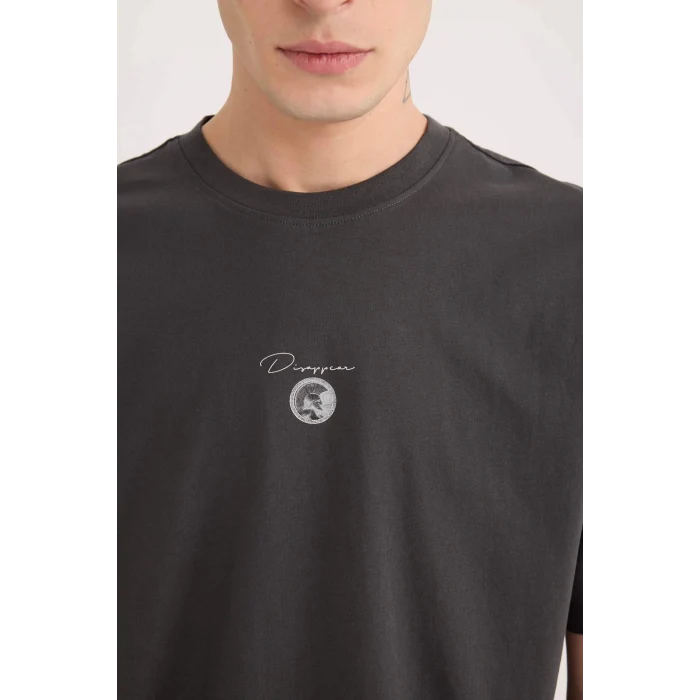 Defacto E1485 Antrasit Boxy Fit Bisiklet Yaka Sırt Baskılı Kısa Kollu Tişört