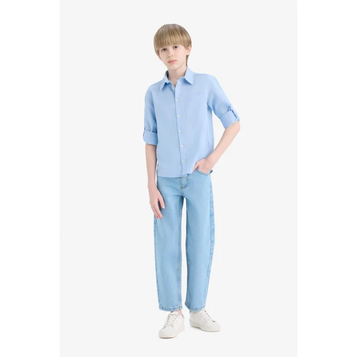 Defacto B5983 Mavi Erkek Çocuk Polo Yaka Keten Görünümlü Uzun Kollu Gömlek