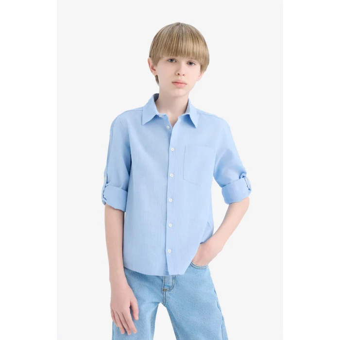 Defacto B5983 Mavi Erkek Çocuk Polo Yaka Keten Görünümlü Uzun Kollu Gömlek