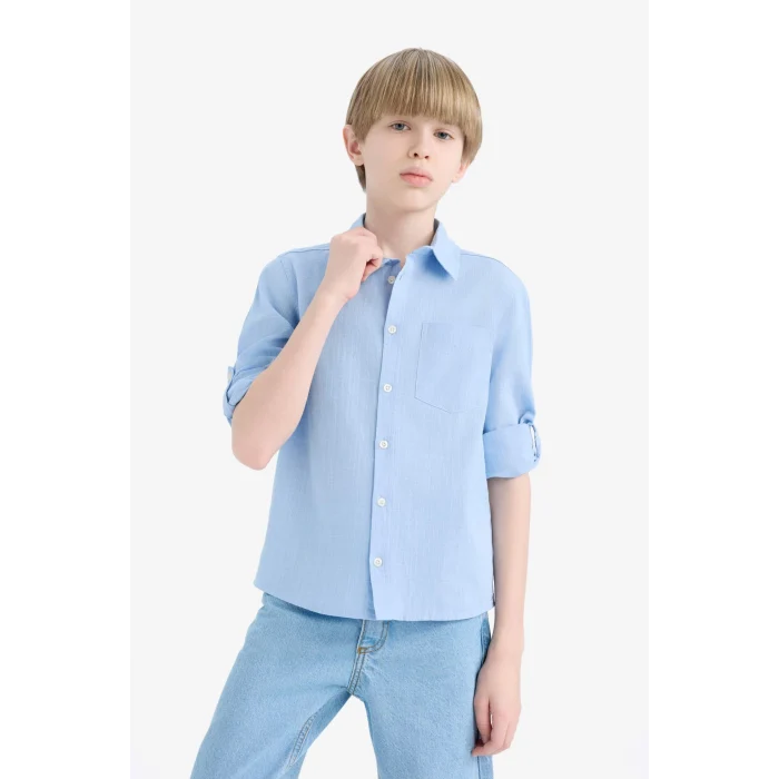 Defacto B5983 Mavi Erkek Çocuk Polo Yaka Keten Görünümlü Uzun Kollu Gömlek