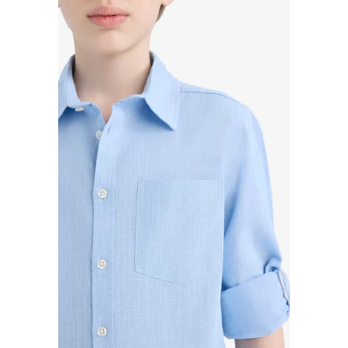 Defacto B5983 Mavi Erkek Çocuk Polo Yaka Keten Görünümlü Uzun Kollu Gömlek